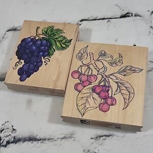 Vtg Rubber Stampede Stamps Fruit Lot Of 2 Cherries Grapes Wood Mounted Crafts